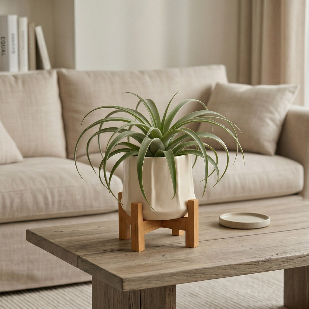 Modern Green Air Plant Ceramic Pot with Wooden Stand