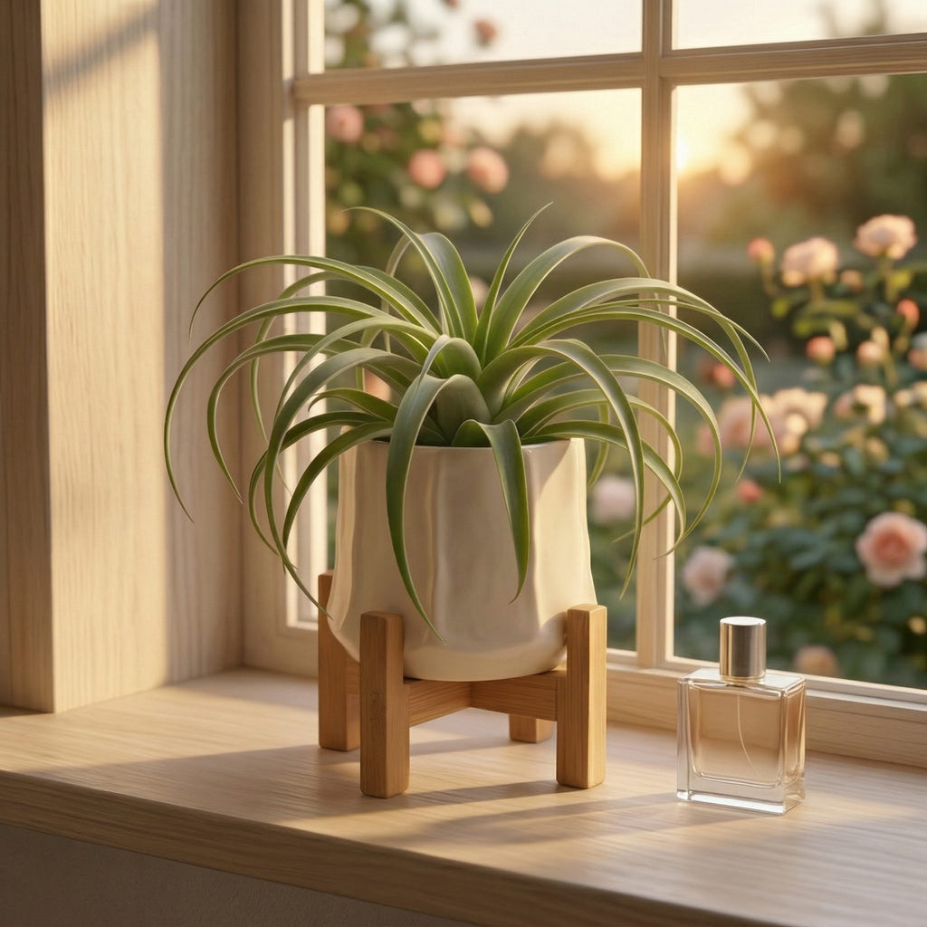 Modern Green Air Plant Ceramic Pot with Wooden Stand