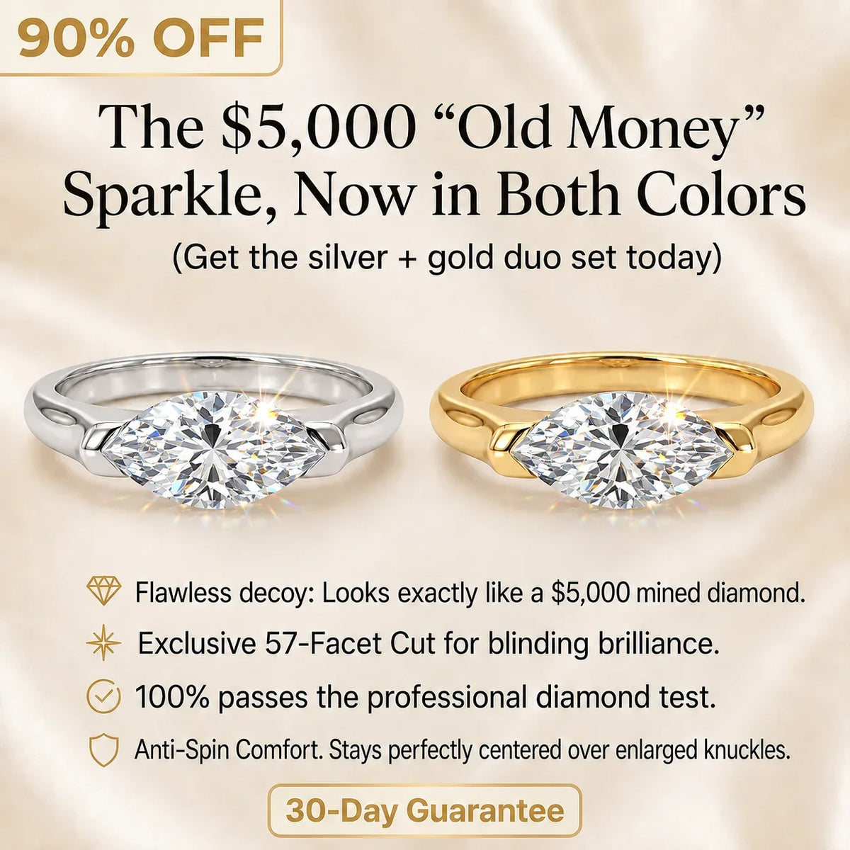 🔥 LAST DAY 90% OFF:  Anti-Spin VVS1 Flawless Moissanite East-to-West Marquise Ring in 14K Gold
