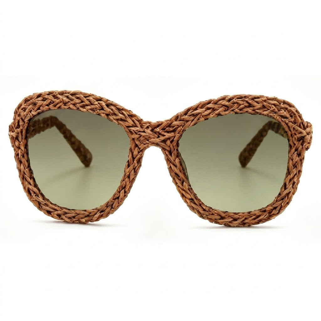 Caramel Woven Rattan Statement Sunglasses